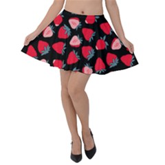 Black Strawberry Soft Velvet Skater Skirt by CoolDesigns