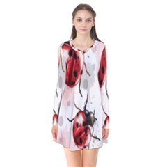 Ladybugs Pattern Texture Watercolor Long Sleeve V-neck Flare Dress by Bedest