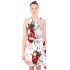 Ladybugs Pattern Texture Watercolor Halter Collar Waist Tie Chiffon Dress by Bedest