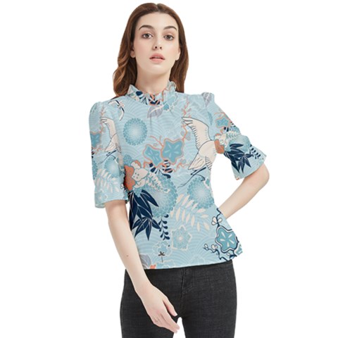 Crane Pattern Bird Animal Nature Frill Neck Blouse by Bedest