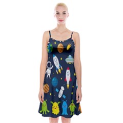 Big Set Cute Astronauts Space Planets Stars Aliens Rockets Ufo Constellations Satellite Moon Rover V Spaghetti Strap Velvet Dress by Bedest