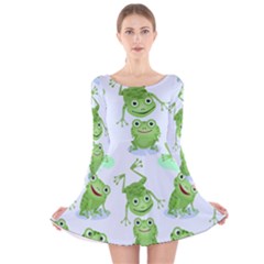 Cute Green Frogs Seamless Pattern Long Sleeve Velvet Skater Dress by Bedest