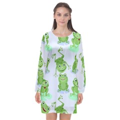 Cute Green Frogs Seamless Pattern Long Sleeve Chiffon Shift Dress  by Bedest