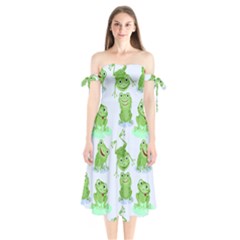 Cute Green Frogs Seamless Pattern Shoulder Tie Bardot Midi Dress by Bedest