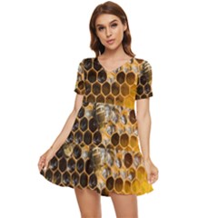 Honeycomb With Bees Tiered Short Sleeve Babydoll Dress by Bedest