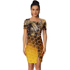 Honeycomb With Bees Fitted Knot Split End Bodycon Dress by Bedest