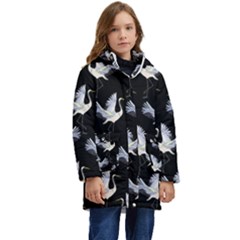 Crane Pattern Bird Animal Kids  Hooded Longline Puffer Jacket by Bedest