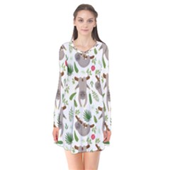 Seamless Pattern With Cute Sloths Long Sleeve V-neck Flare Dress by Bedest