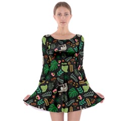 Floral Pattern With Plants Sloth Flowers Black Backdrop Long Sleeve Skater Dress by Bedest