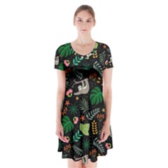 Floral Pattern With Plants Sloth Flowers Black Backdrop Short Sleeve V-neck Flare Dress by Bedest