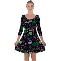 Floral Pattern With Plants Sloth Flowers Black Backdrop Quarter Sleeve Skater Dress by Bedest