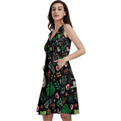 Floral Pattern With Plants Sloth Flowers Black Backdrop Sleeveless V-neck Skater Dress With Pockets by Bedest