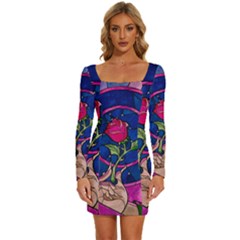 Enchanted Rose Stained Glass Long Sleeve Square Neck Bodycon Velvet Dress by Cendanart