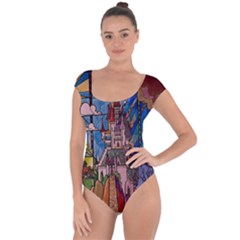 Castle Building Stained Glass Short Sleeve Leotard  by Cendanart