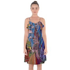 Castle Building Stained Glass Ruffle Detail Chiffon Dress by Cendanart