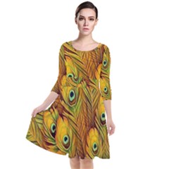 Peacock Feathers Green Yellow Quarter Sleeve Waist Band Dress by Bedest