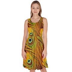 Peacock Feathers Green Yellow Knee Length Skater Dress With Pockets by Bedest