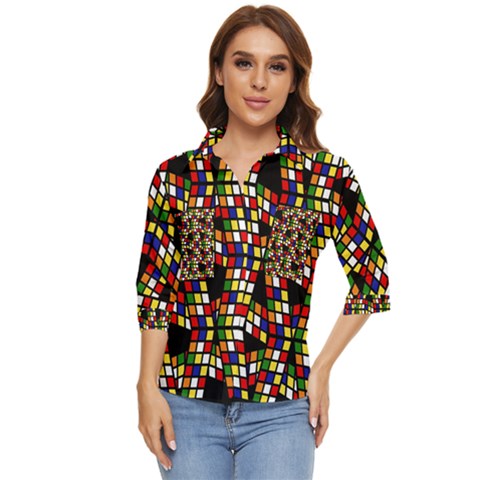 Graphic Pattern Rubiks Cube Women s Quarter Sleeve Pocket Shirt by Cendanart