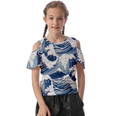 Japanese Wave Pattern Kids  Butterfly Cutout T-shirt by Cendanart