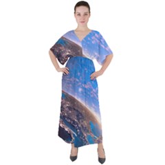 Earth Blue Galaxy Sky Space V-neck Boho Style Maxi Dress by Cemarart