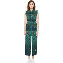 Dark Green Leaves Leaf Women s Frill Top Chiffon Jumpsuit by Cemarart