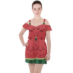 Watermelon Lock Love Ruffle Cut Out Chiffon Playsuit by Cemarart