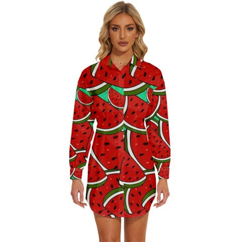 Summer Watermelon Fruit Womens Long Sleeve Shirt Dress by Cemarart