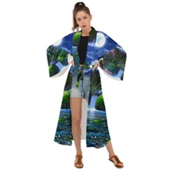 Flamingo Paradise Scenic Bird Fantasy Moon Paradise Waterfall Magical Nature Maxi Kimono by Ndabl3x