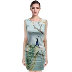 Couple Peacock Bird Spring White Blue Art Magnolia Fantasy Flower Sleeveless Velvet Midi Dress by Ndabl3x