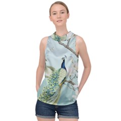 Couple Peacock Bird Spring White Blue Art Magnolia Fantasy Flower High Neck Satin Top by Ndabl3x