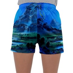 Bright Full Moon Painting Landscapes Scenery Nature Sleepwear Shorts by Ndabl3x