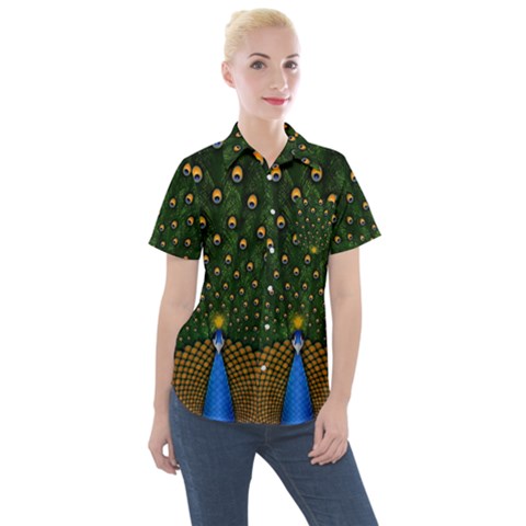 Peacock Feathers Tail Green Beautiful Bird Women s Short Sleeve Pocket Shirt by Ndabl3x