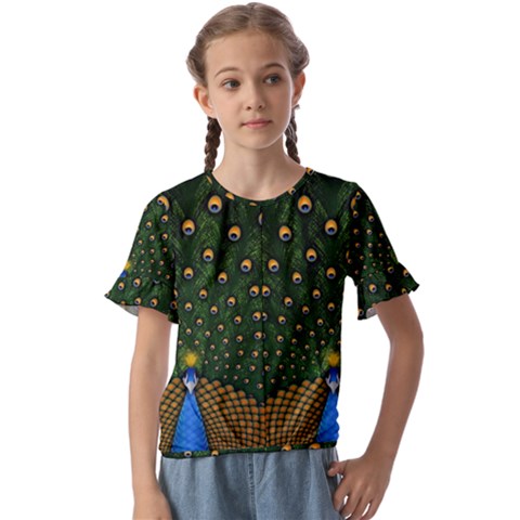 Peacock Feathers Tail Green Beautiful Bird Kids  Cuff Sleeve Scrunch Bottom T-shirt by Ndabl3x