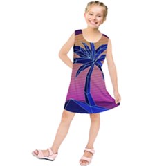 Abstract 3d Art Holiday Island Palm Tree Pink Purple Summer Sunset Water Kids  Tunic Dress by Cemarart