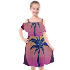 Abstract 3d Art Holiday Island Palm Tree Pink Purple Summer Sunset Water Kids  Cut Out Shoulders Chiffon Dress by Cemarart