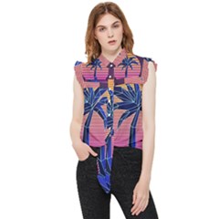 Abstract 3d Art Holiday Island Palm Tree Pink Purple Summer Sunset Water Frill Detail Shirt by Cemarart