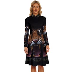 Tiger Angry Nima Face Wild Long Sleeve Shirt Collar A-line Dress by Cemarart