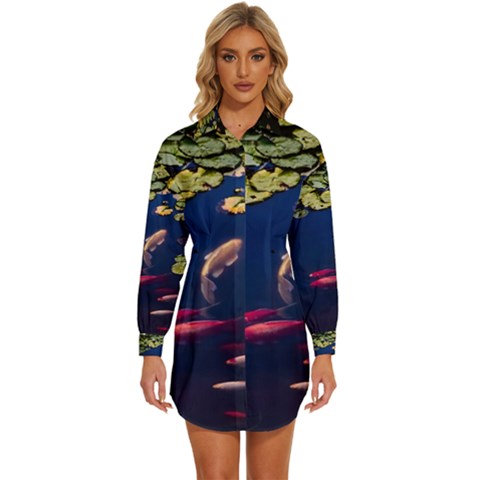 Koi Fish Carp Womens Long Sleeve Shirt Dress by Cemarart