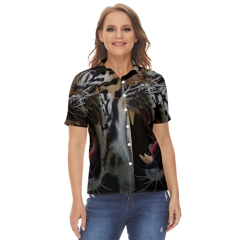 Angry Tiger Roar Women s Short Sleeve Double Pocket Shirt by Cemarart