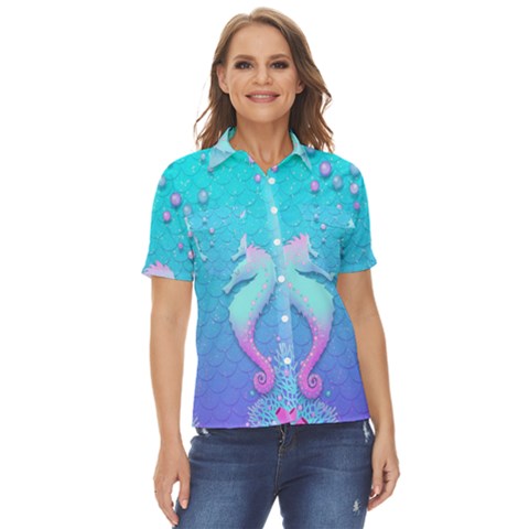 Seahorse Women s Short Sleeve Double Pocket Shirt by Cemarart