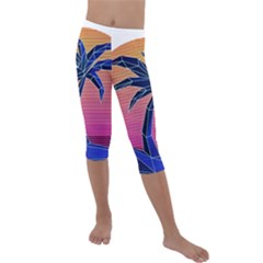 Abstract 3d Art Holiday Island Palm Tree Pink Purple Summer Sunset Water Kids  Lightweight Velour Capri Leggings  by Cemarart