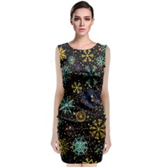 Gold Teal Snowflakes Sleeveless Velvet Midi Dress by Grandong