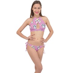 Cute Animal Little Cat Seamless Pattern Cross Front Halter Bikini Set by Grandong