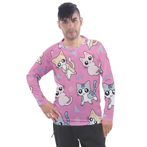 Cute Animal Little Cat Seamless Pattern Men s Pique Long Sleeve T-shirt by Grandong