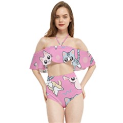 Cute Animal Little Cat Seamless Pattern Halter Flowy Bikini Set  by Grandong