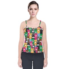 Cat Funny Colorful Pattern Velvet Spaghetti Strap Top by Grandong