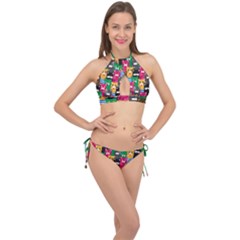 Cat Funny Colorful Pattern Cross Front Halter Bikini Set by Grandong