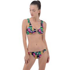 Cat Funny Colorful Pattern Ring Detail Crop Bikini Set by Grandong