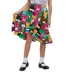 Cat Funny Colorful Pattern Kids  Ruffle Flared Wrap Midi Skirt by Grandong