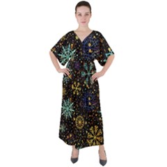 Gold Teal Snowflakes V-neck Boho Style Maxi Dress by Grandong